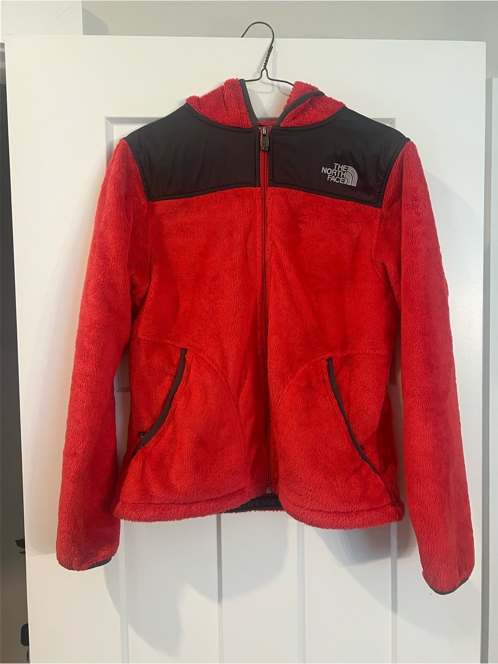 The North Face Red Fleece Hooded Zip Jacket with Grey Accent